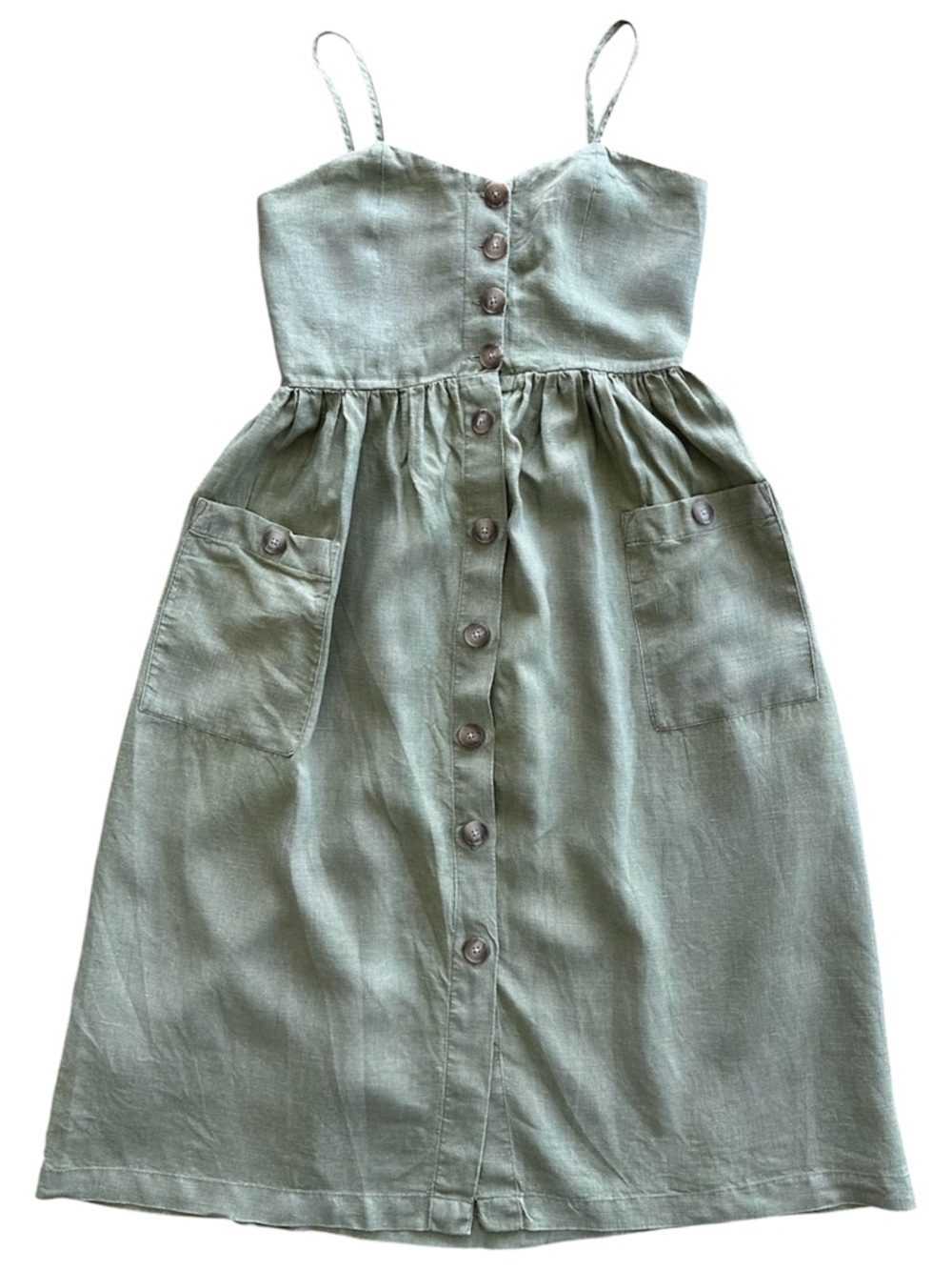 Mango Olive Khaki Green Button-Front Linen Dress with Pockets Beach Breathable